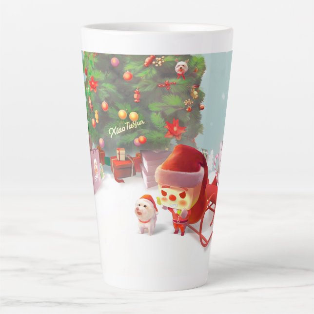 Santa Puppy: Smiling Bichon & Christmas Tree Latte Mug (Front)