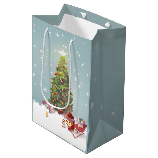 Santa Puppy: Smiling Bichon & Christmas Tree Medium Gift Bag (Front Angled)