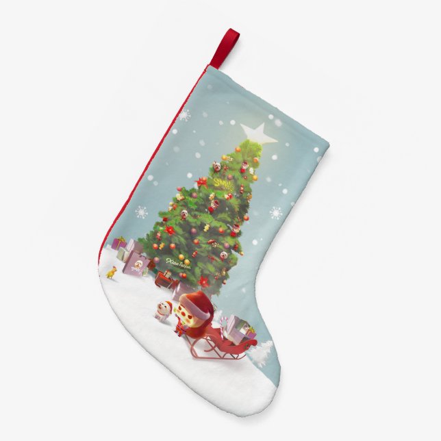 Santa Puppy: Smiling Bichon & Christmas Tree Small Christmas Stocking (Front (Hanging))