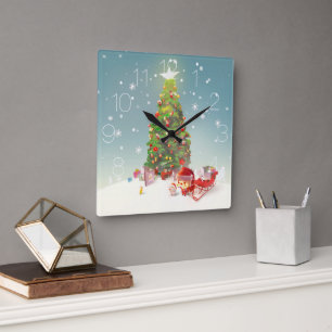 Santa Puppy: Smiling Bichon & Christmas Tree Square Wall Clock