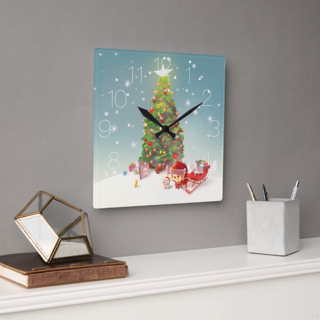 Santa Puppy: Smiling Bichon & Christmas Tree Square Wall Clock (Office)