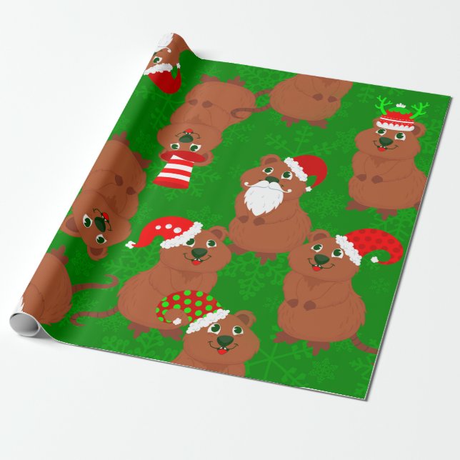 santa quokka australian christmas snowflakes wrapping paper (Unrolled)