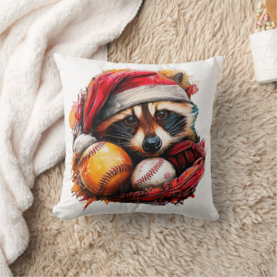 Santa Raccoon & Baseballs Holiday Throw Pillow