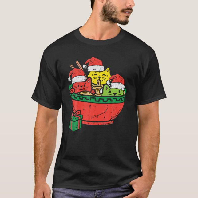 Santa Ramen Cats Anime Christmas Pajamas Xmas Pjs T-Shirt (Front)