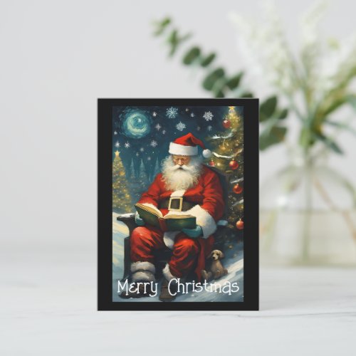 Santa Reading Book Christmas Tree Postcard