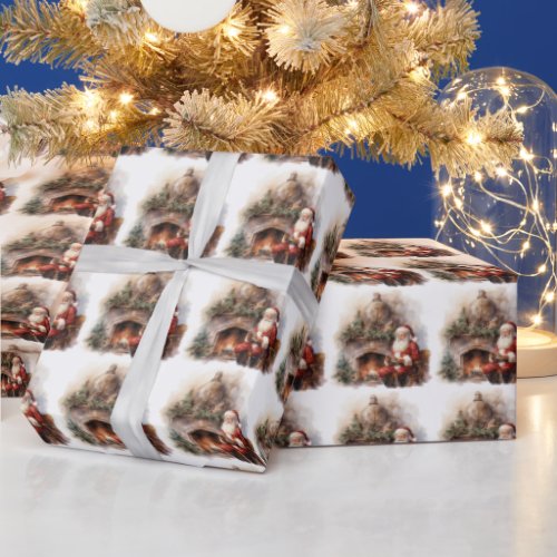 Santa Reading Letters Fireplace Christmas Tree Wrapping Paper