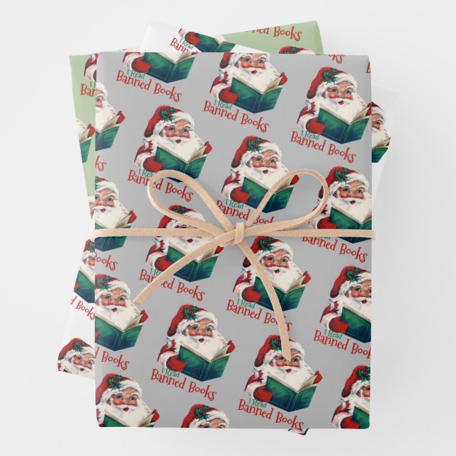 Santa Reads Banned Books Wrapping Paper Sheets (In situ)