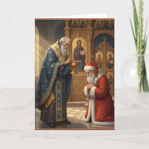Santa receiving communion in Orthodox church Card