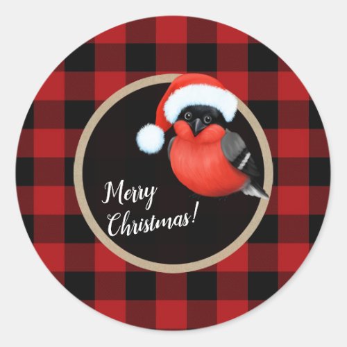 Santa Red Bird Christmas Holiday Red Buffalo Plaid Classic Round Sticker