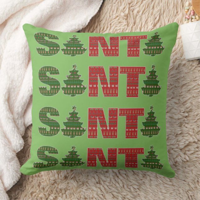 Santa Red Green Christmas Trees Throw Pillow (Blanket)