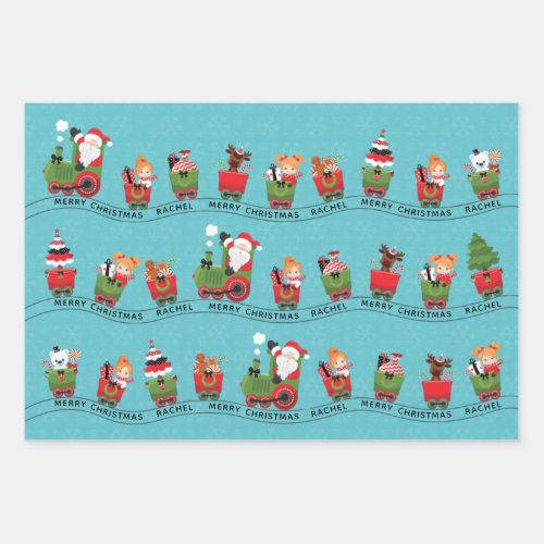 Santa  Red Hair Girl on Train Wrapping Paper Sheets