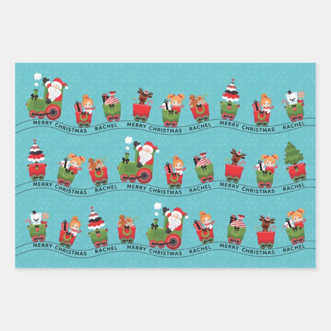 Santa & Red Hair Girl on Train Wrapping Paper Sheets (Front)