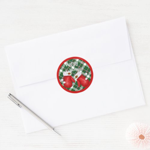 Santa Red Mittens On Red Green Plaid Check Pattern Classic Round Sticker