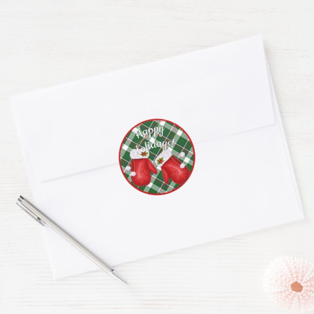 Santa Red Mittens On Red Green Plaid Check Pattern Classic Round Sticker (Envelope)