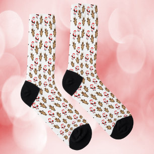 Santa Red Reindeer Pattern White Background Socks