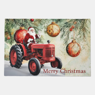 Santa Red Tractor Vintage Farm Christmas Doormat