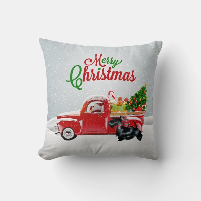 Santa, Red Truck, Scottish Terrier Christmas Pillo Throw Pillow (Front)