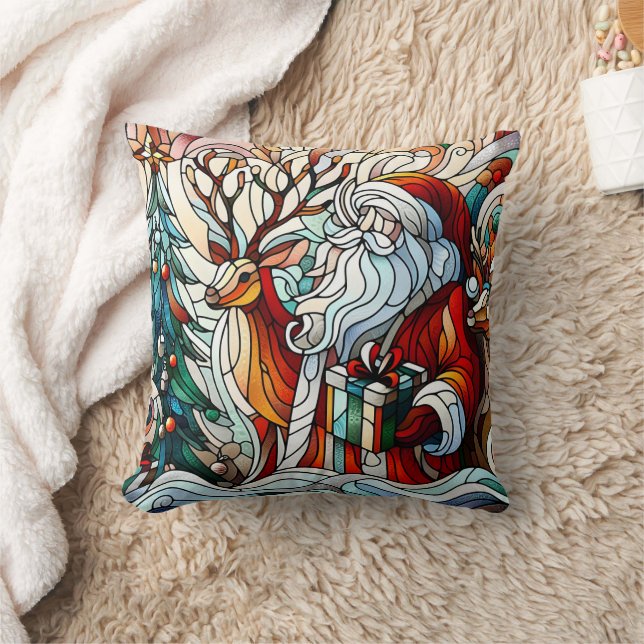 Santa, reindeer, and gifts by trees' throw pillow (Blanket)