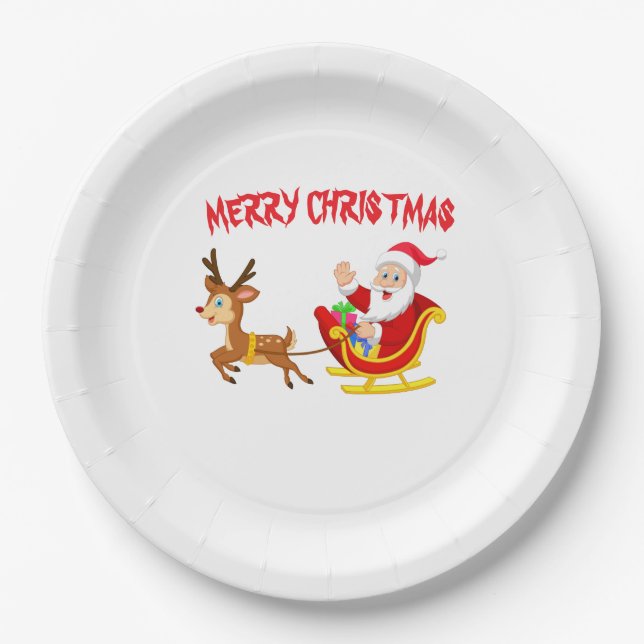 Santa Reindeer and sleigh xmas Paper Plates (Front)