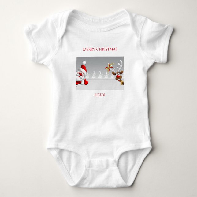 Santa & reindeer baby jersey bodysuit. Custom name Bodysuit (Front)