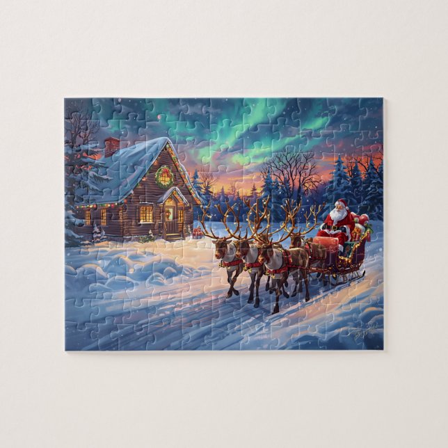 Santa Reindeer Cabin Northern Lights Christmas Jigsaw Puzzle (Horizontal)
