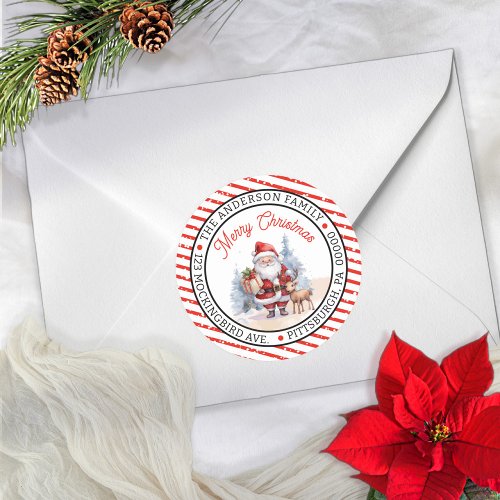 Santa  Reindeer Christmas Circle Return Address Classic Round Sticker