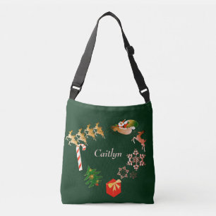 Santa Reindeer Christmas Green + Name Crossbody Bag