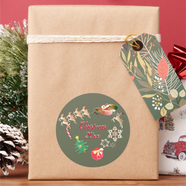 Santa Reindeer Christmas Grey Classic Round Sticker (Holiday)
