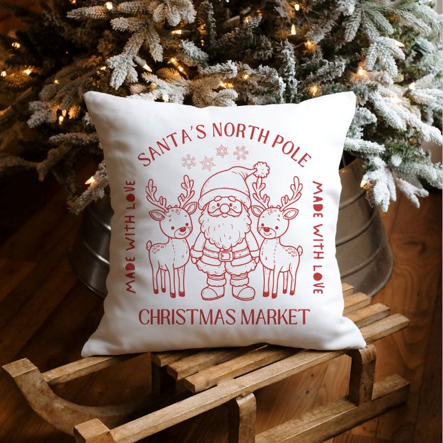 Santa & Reindeer Christmas Market Made With Love Throw Pillow (Creator Uploaded)