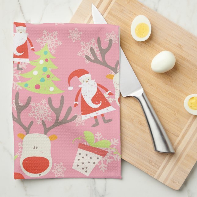 Santa, Reindeer, Christmas Tree and Potted Plant Kitchen Towel (Quarter Fold)