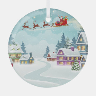 Santa Reindeer Christmas Vintage Scene Glass Ornament