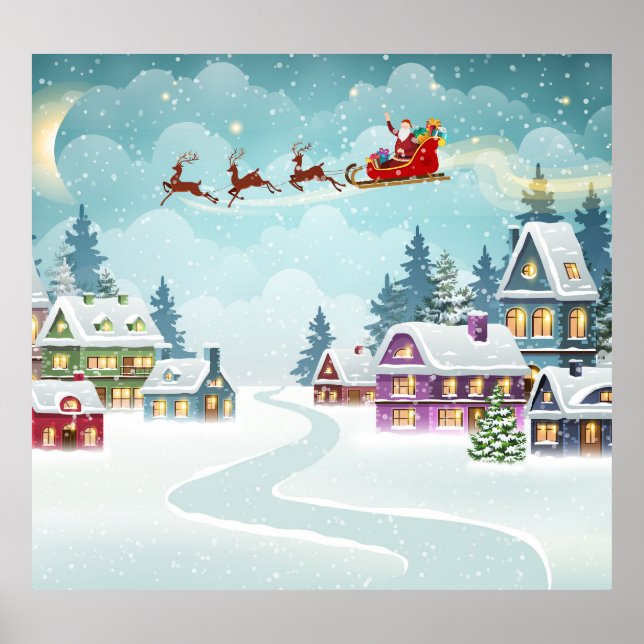 Santa Reindeer Christmas Vintage Scene Poster (Front)