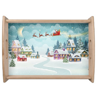 Santa Reindeer Christmas Vintage Scene Serving Tray