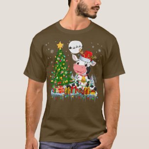 Santa Reindeer Cow Christmas Tree Light Farmer Fam T-Shirt