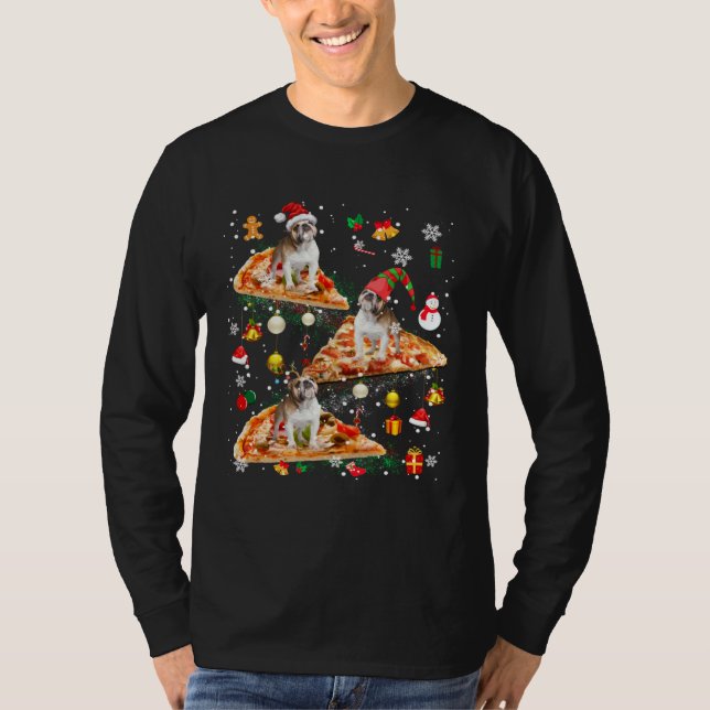 Santa Reindeer Elf English Bulldog Riding Pizza Or T-Shirt (Front)