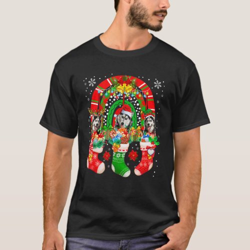 Santa Reindeer Elf Husky Dogs In Christmas Socks R T-Shirt