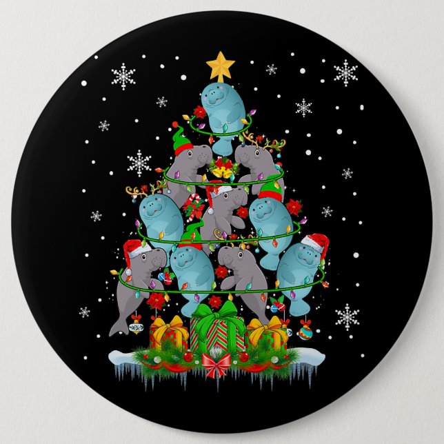Santa Reindeer Elf Manatees Christmas Tree Lights  Button (Front)