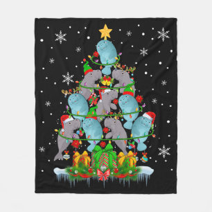Santa Reindeer Elf Manatees Christmas Tree Lights Fleece Blanket