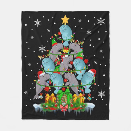 Santa Reindeer Elf Manatees Christmas Tree Lights  Fleece Blanket