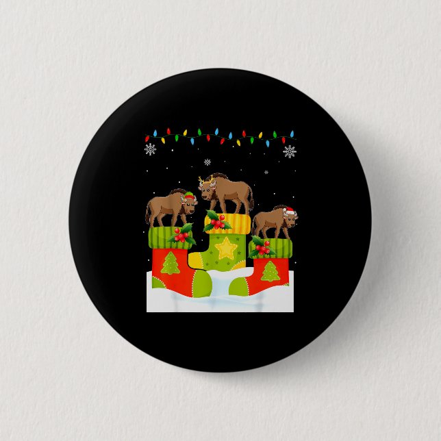 Santa Reindeer Elf Wildebeest In Christmas Socks U Button (Front)