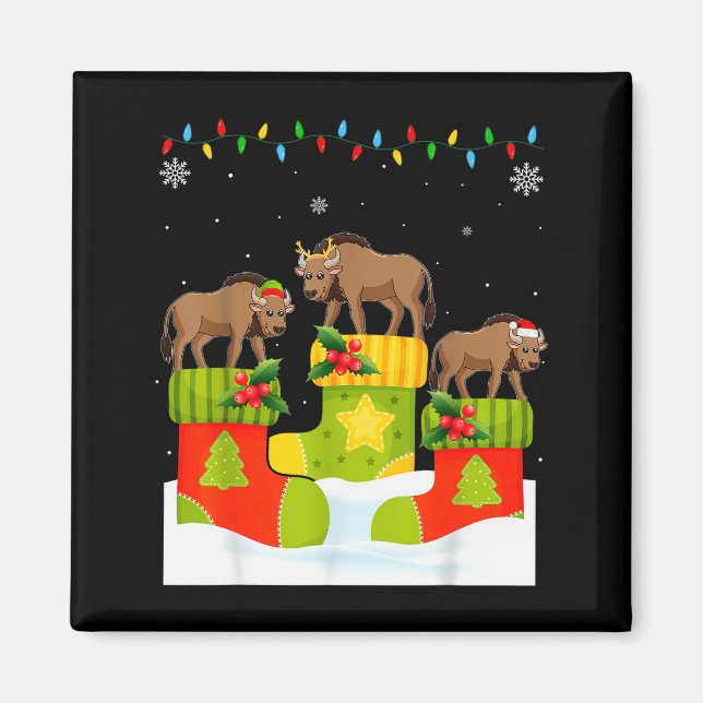 Santa Reindeer Elf Wildebeest In Christmas Socks U Magnet (Front)