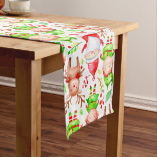 Santa reindeer elves christmas pattern short table runner