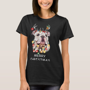 Santa Reindeer English Bulldog Dog Christmas Light T-Shirt