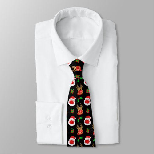 Santa Reindeer Face Mask Christmas Black Neck Tie