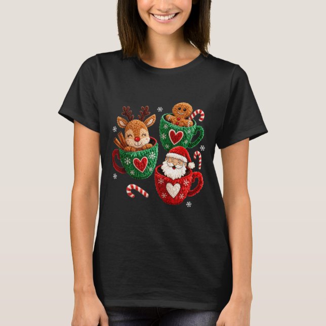 Santa Reindeer Gingerbread Faux Yarn Christmas  T-Shirt (Front)
