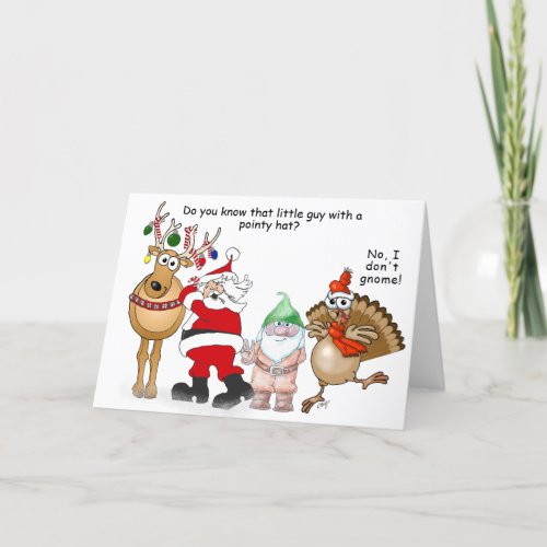 Santa reindeer gnome and turkey cartoons card