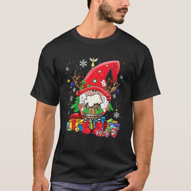 Santa Reindeer Gnome Drinking Beer Funny Christmas T-Shirt (Front)
