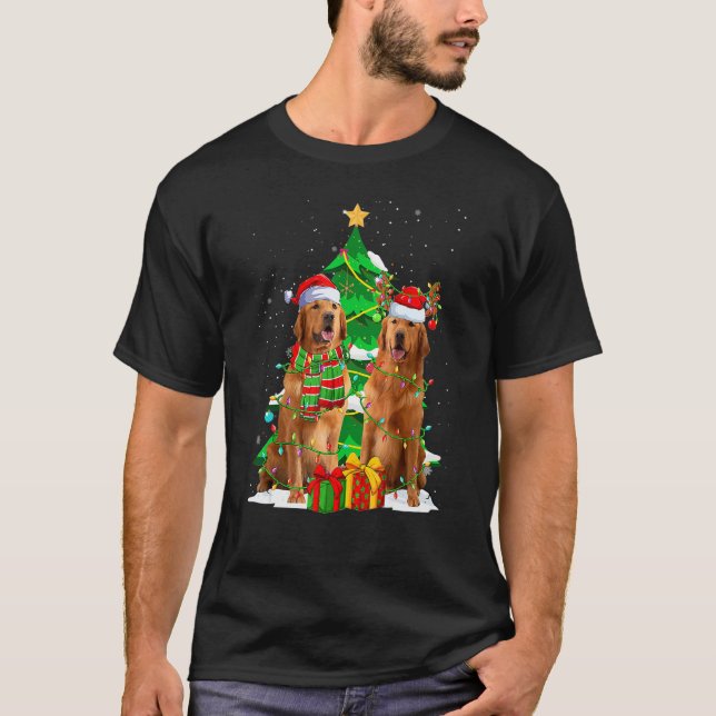 Santa Reindeer Golden Retriever Dog Xmas Lights Ch T-Shirt (Front)