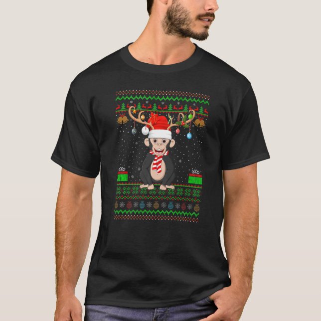 Santa Reindeer Hat Matching Ugly Chimpanzee Christ T-Shirt (Front)