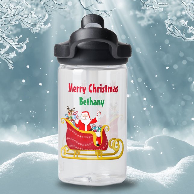 Santa, Reindeer In Christmas Sleigh Personalize  Water Bottle (Children will adore this water bottle featuring Santa and Rudolph delivering gifts and candy cane ! )
